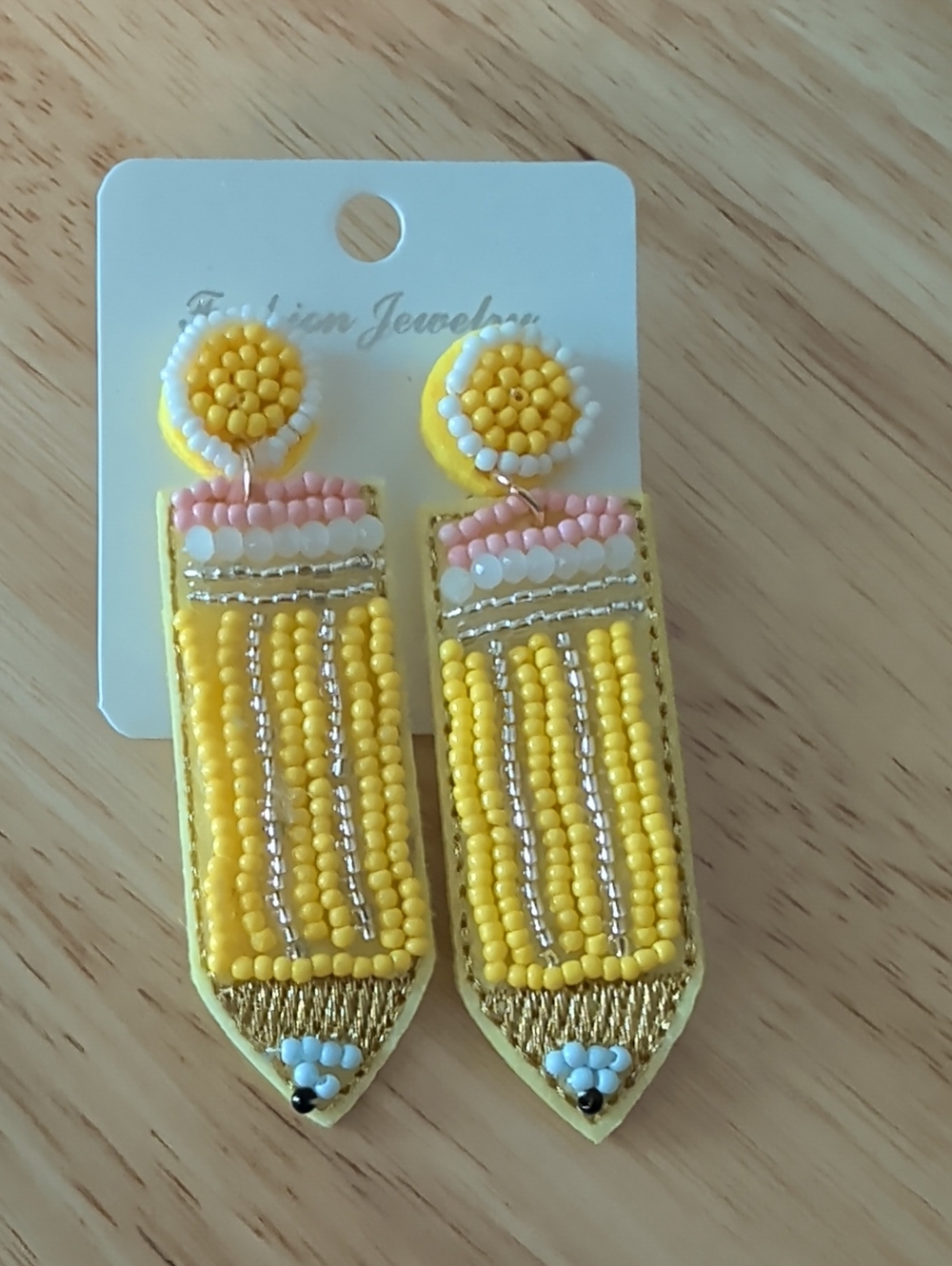 Handmade Yellow Beaded Pencil Drop Earrings